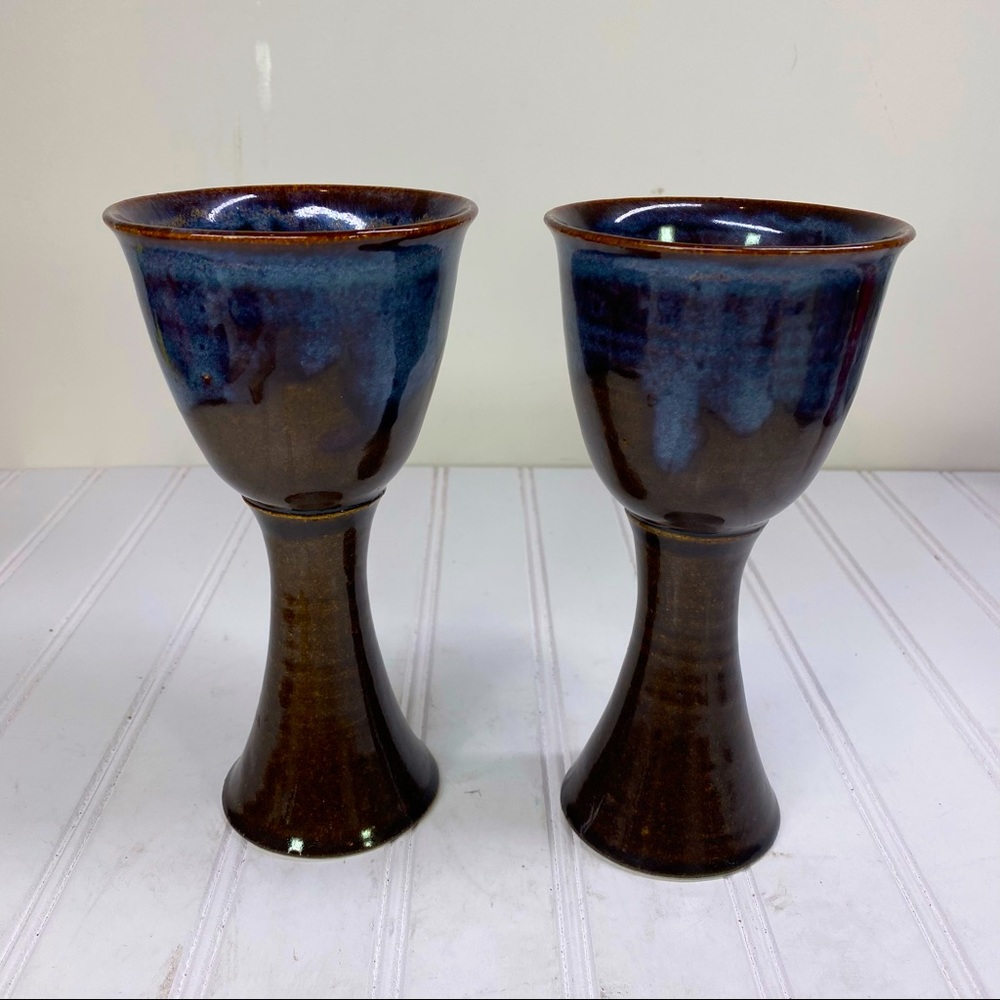 Studio Pottery brown & blue Chalice set of wine glasses
